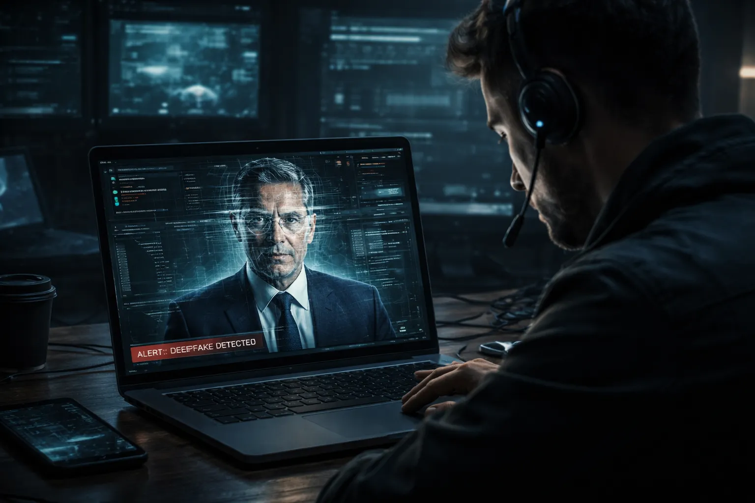 Cybersecurity professional analyzing a deepfake video call