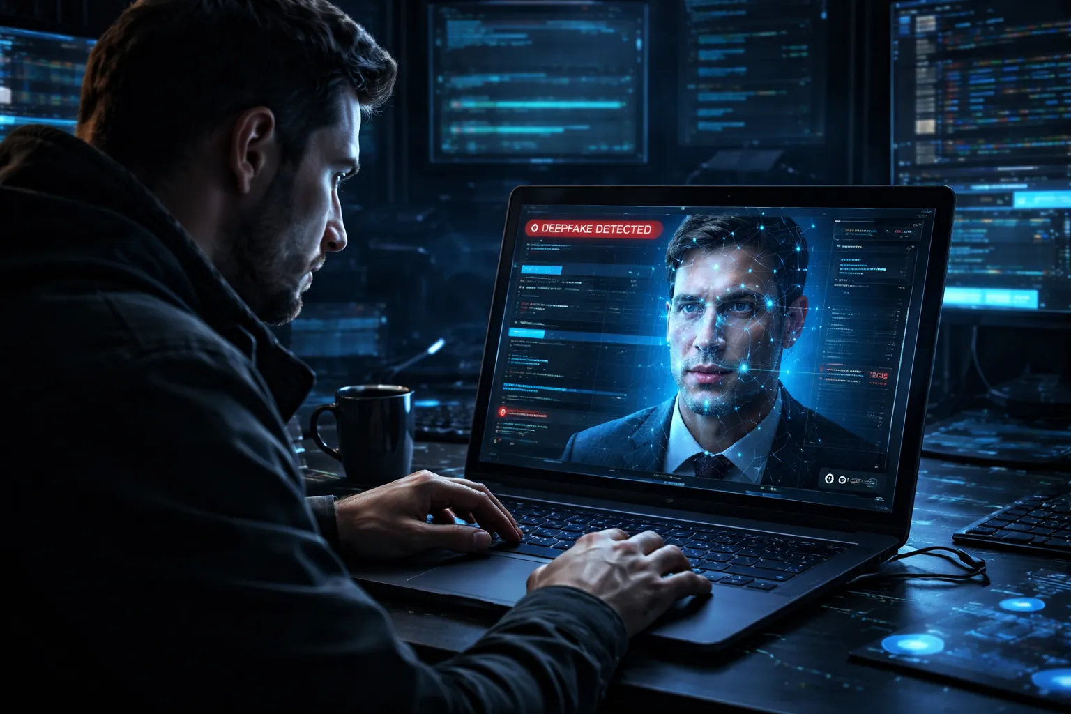 Cybersecurity professional analyzing a deepfake video call